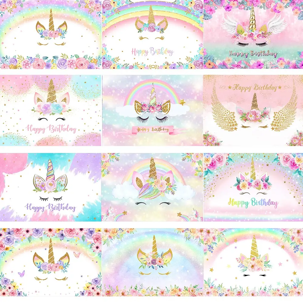 Happy Birthday Unicorn Theme Backdrop Unicorn Floral Photo Background Rainbow Unicorn Girl Birthday Baby Shower Party Decoration