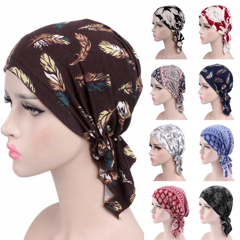 

Feather Floral Pattern Headwraps Muslim Multi-Usage One Piece Jersey Inner Hijab Women Bandage Bow Headband Turban Head Cap