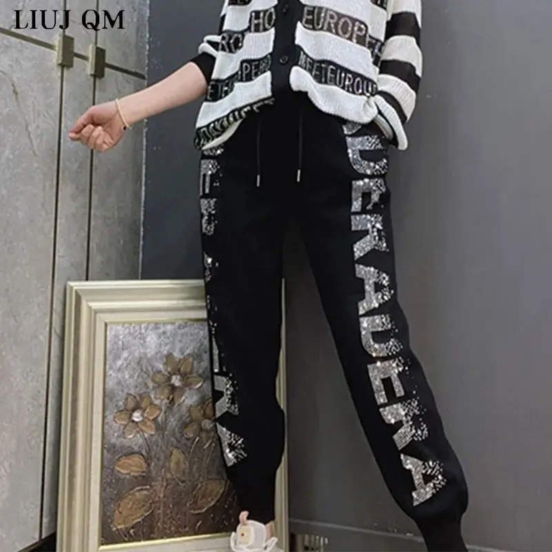 2024 Autumn New Loose High-waist Knitted Pants Women Heavy Industry Letters Hot Drilling Casual Trousers High Harem Pants