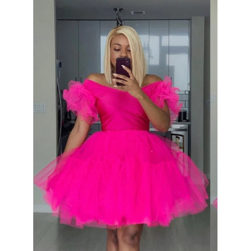 Modern Puffy Party Dresses Tiered Sleeve jupe femme Tulle Hot Pink Celebrity Dress Women Outfit Short