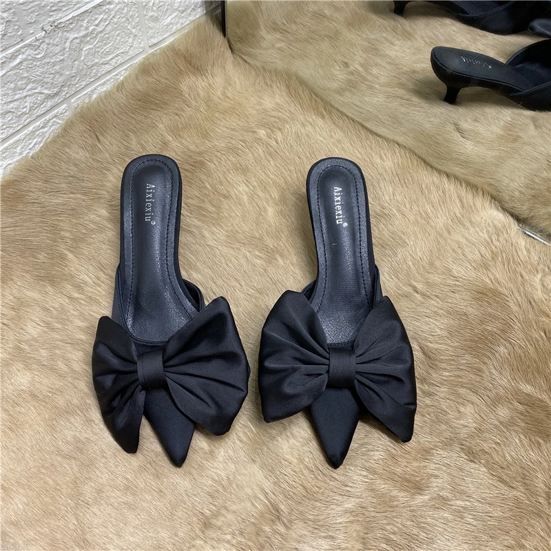 2021 Spring Pointed Toe Stiletto Heel Kitten Heels Bow Heel-Free Slippers for Women