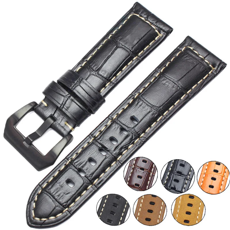 Genuine Leather Watchbands Men High Quality Thick Watch Band Strap 22mm 24mm Brown Black Wristwatches Belt Buckle