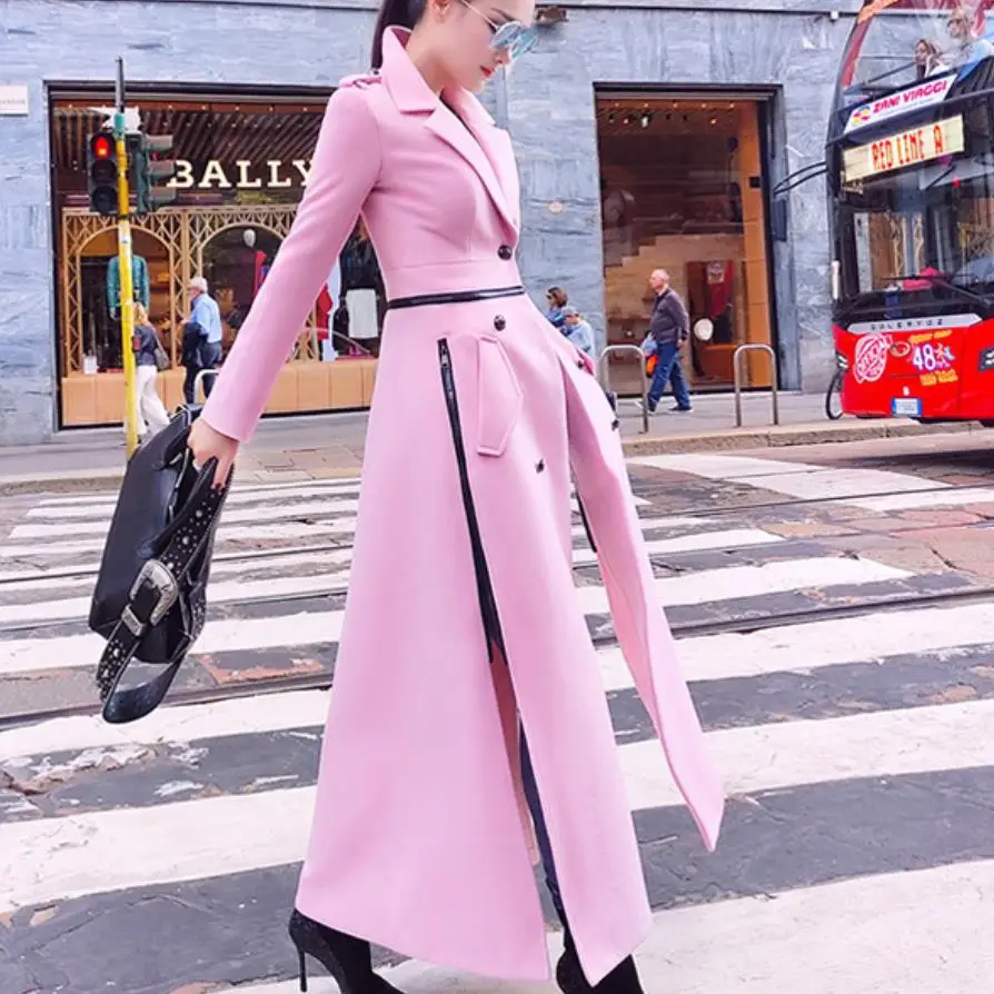 Women Wool Blends Autumn Winter Slim Big Swing Split x- Long Woolen overcoat