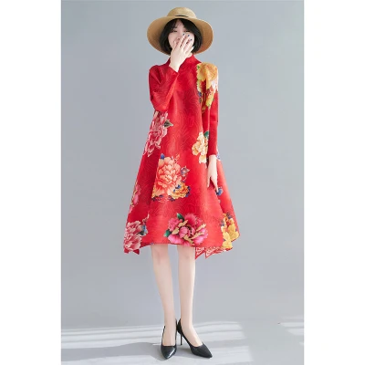 

HOT SELLING Miyake fashion pleated Peony print Half high collar long sleeve A-Line dress IN STOCK