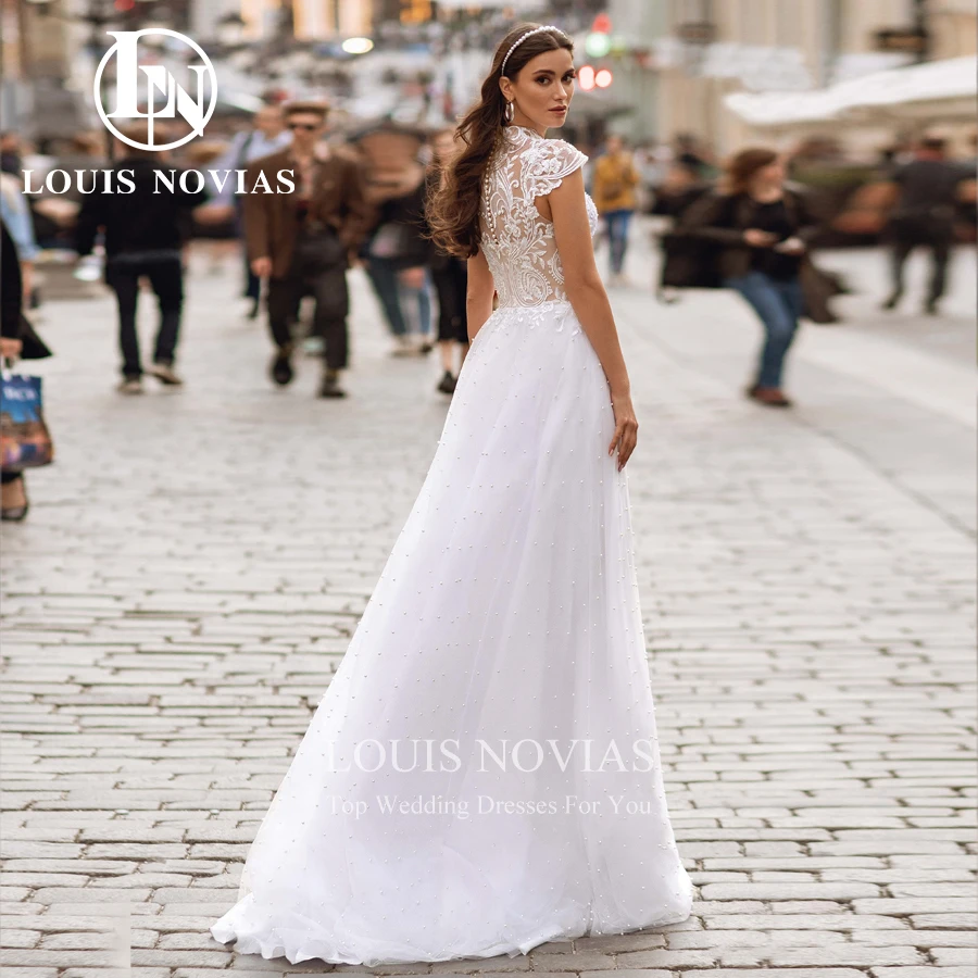 LOUIS NOVIAS A-Line Wedding Dress 2022 Classic High-Collar Bridal Gown Cap Sleeve Beaded Embroidery Pearl Vestidos De Novia