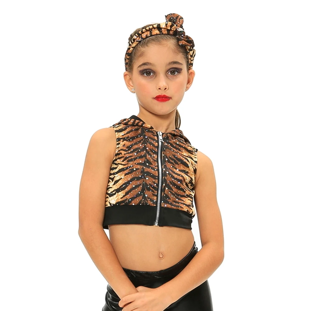 MiDee Leopard Print Top Coat for Boys and Girls Hot Fix Rhinestone Sleeveless Jazz Hip-hop Outfit Short for Women Stage Costume