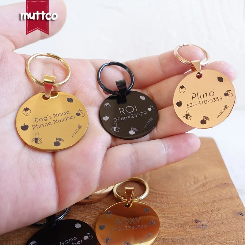 Retailing new style personalized design fruits pattem stainless steel dog round tag can crave name tag dog tag for pet 3 colours