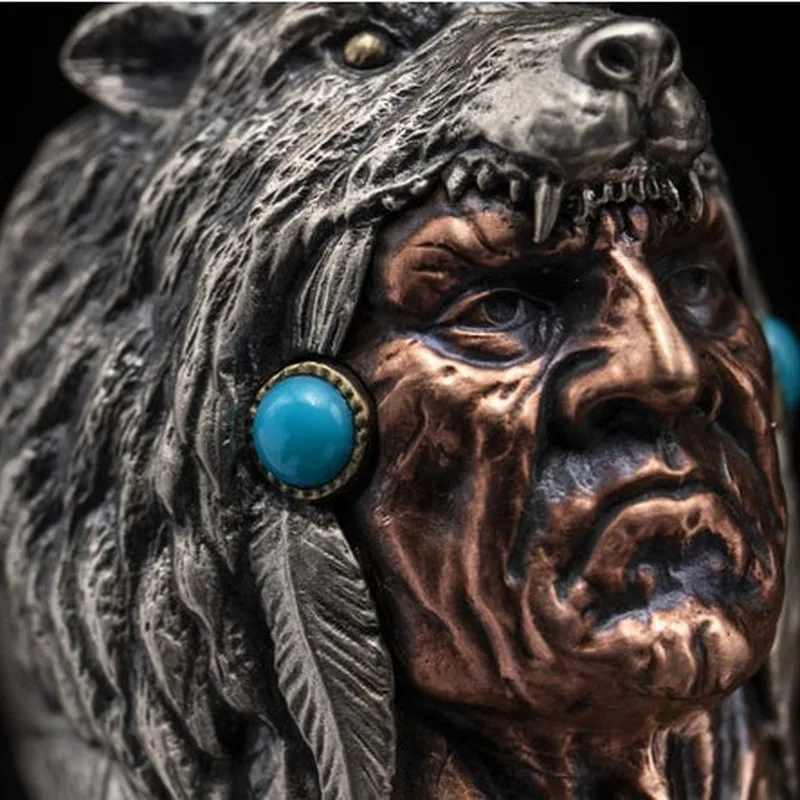 Megin D Stainless Steel Titanium Celtic Totem Indian Chief Wolf Head Boho Human Face Rings for Women Men Couple Gift Jewelry