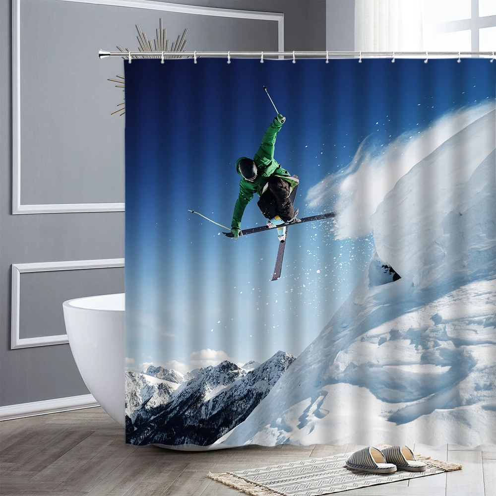 Ski Extreme Sports Shower Curtains Mountain Cedar Snow Scene Printing Fabric Home Wall Decor Bathtub Partition Bathroom Curtain