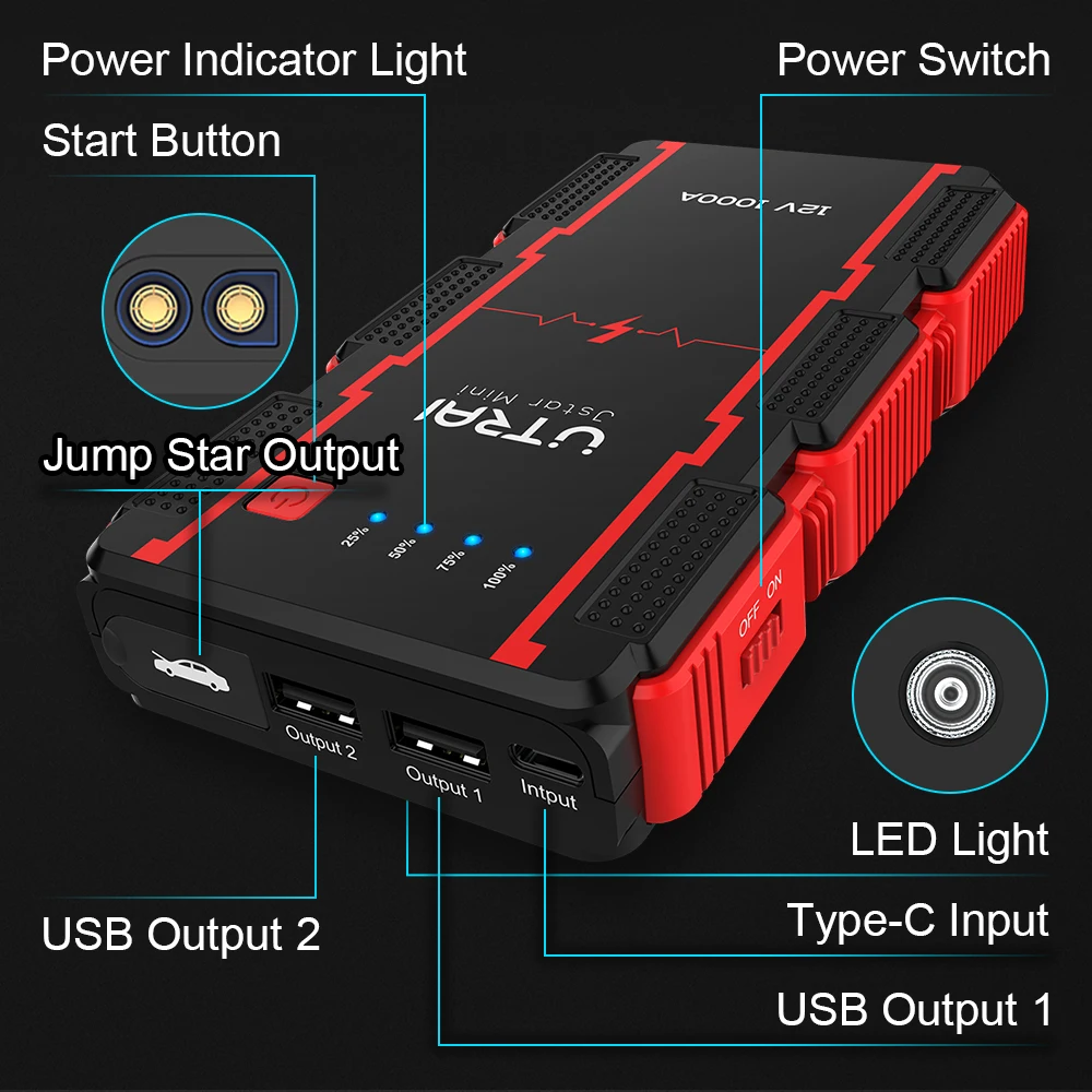 UTRAI-Car Jump Starter Banco De Potência, portátil de Emergência Starter, Auto Car Battery Booster, Mini Starting Device, 1000A