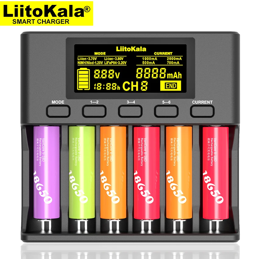 LiitoKala Lii-S6 Battery charger 18650 charger 6-Slot Auto-Polarity Detect for Li-Ion 18650 26650 21700 NiMH AA AAA batteries