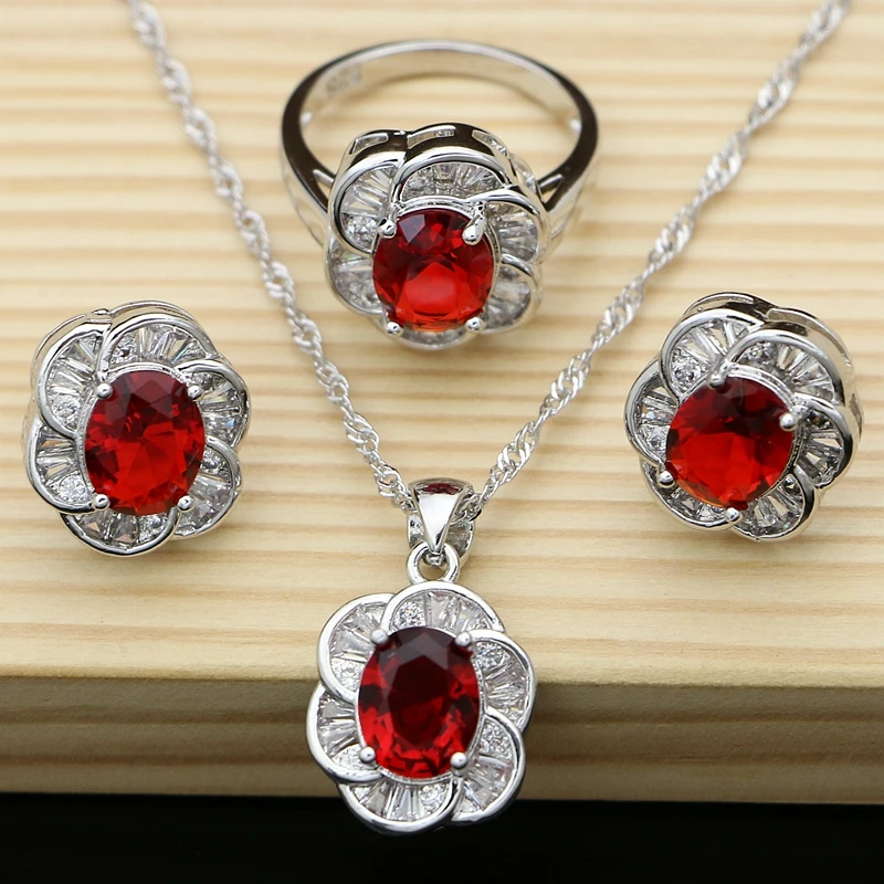 

Natural Red Aarnet White Topaz Women 925 Sterling Silver Jewelry Sets Earrings/Pendant/Necklace/Rings Free Boite Cadeau