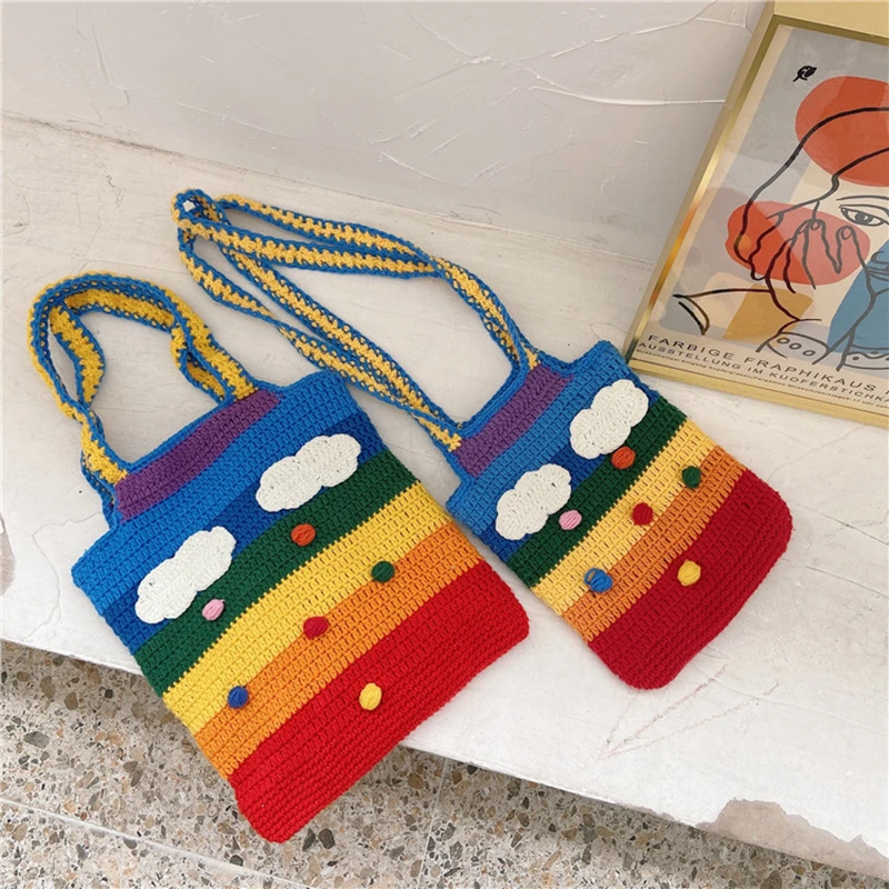 Youda New Design Knitted Rainbow Colors Women Shoulder Bags Classic Large Shopping Bag Casual Ladies Handbags Girl\'s Tote