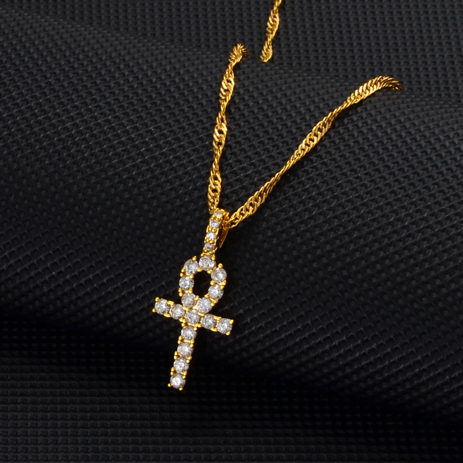 Anniyo Small Ankh Cross Cubic Zirconia Pendant Necklace Woman African Charms Jewelry Egyptian Hieroglyphic Symbol @201725