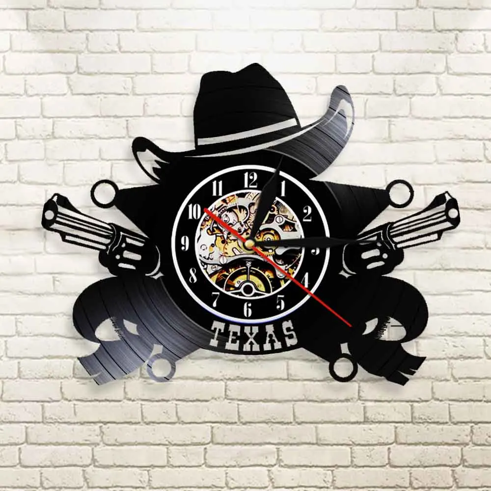 Texas Cowboy Wall Clock Western Cowboy Hat USA Skyline Symbol Vinyl Record Wall Clock 3D Wall Watches Modern Design Wall Decor