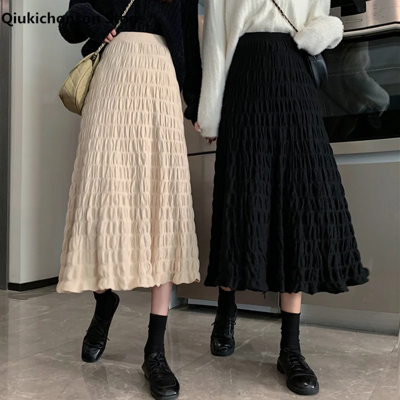 Autumn Winter Wrinkled Black Pleated Skirt Women 2020 Korean Style Casual High Waisted A-Line Knitted Skirts Long falda plisada