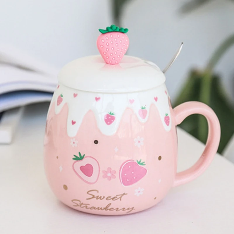 Cute Strawberry Ceramic Mug with Lid And Spoon High Temperature Ceramic Water Bottle Milk Water Tea Cup Students Girl Gift