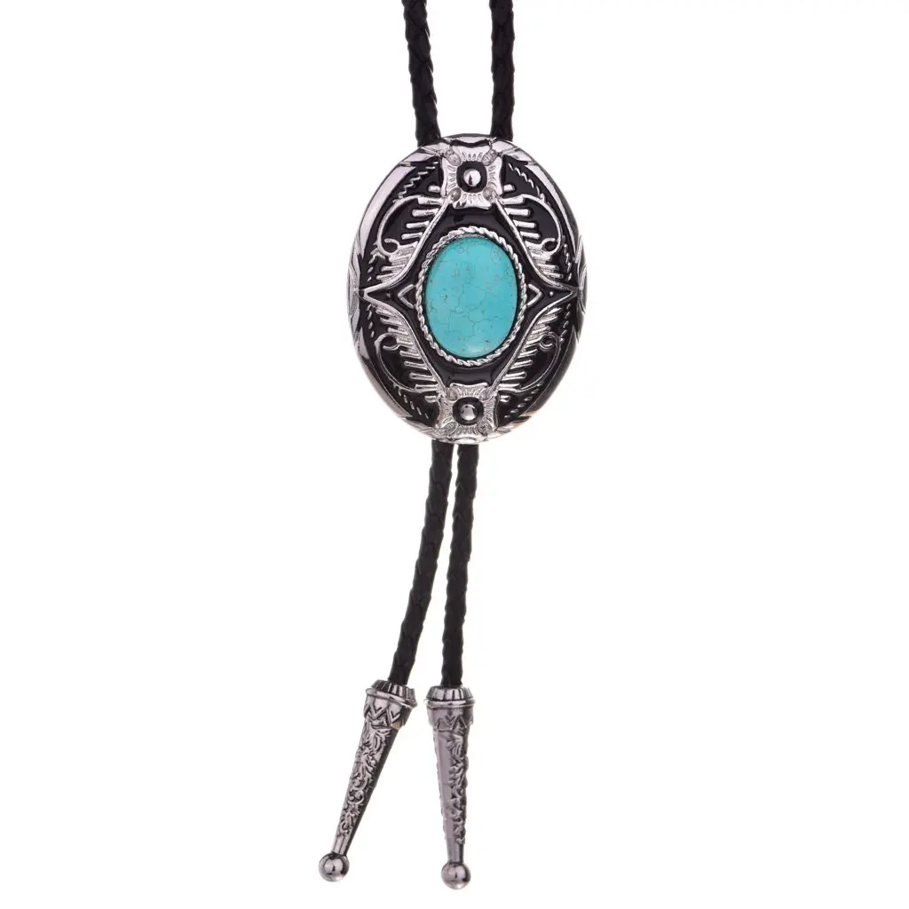 

Vintage Turquoise oval shape turquoise bolo tie for man Indian cowboy western cowgirl leather rope zinc alloy necktie