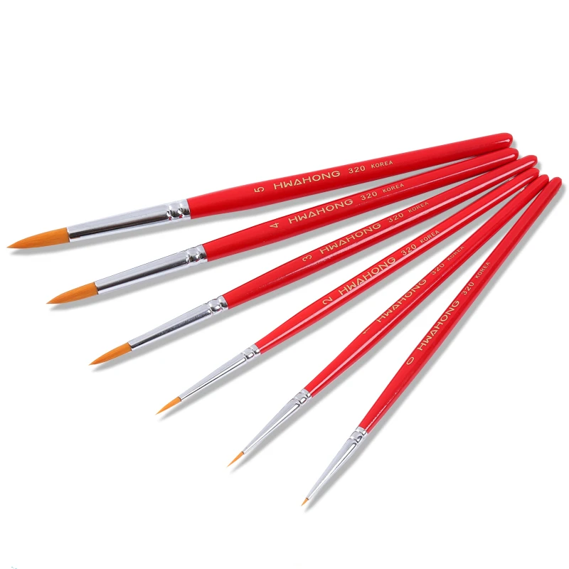 5pcs Korea Hwahong Watercolor Pen Gouache Brush Red Rod Different Shape Round Nylon Hair Painting Brush Round Head Art Supplies