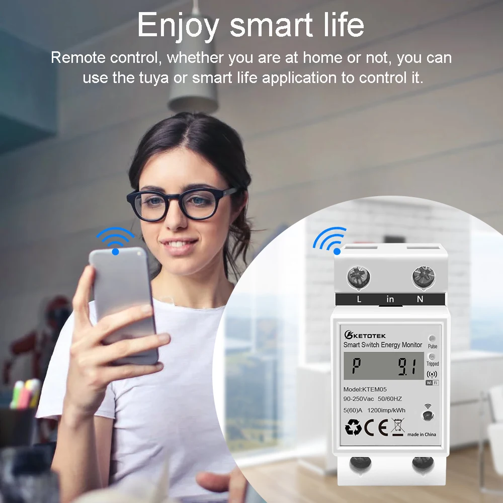 Din Rail WIFI Smart Energy Meter Single Phase Wattmeter Power Consumption Meter Remote Control Work with Alexa Smartlife Tuya