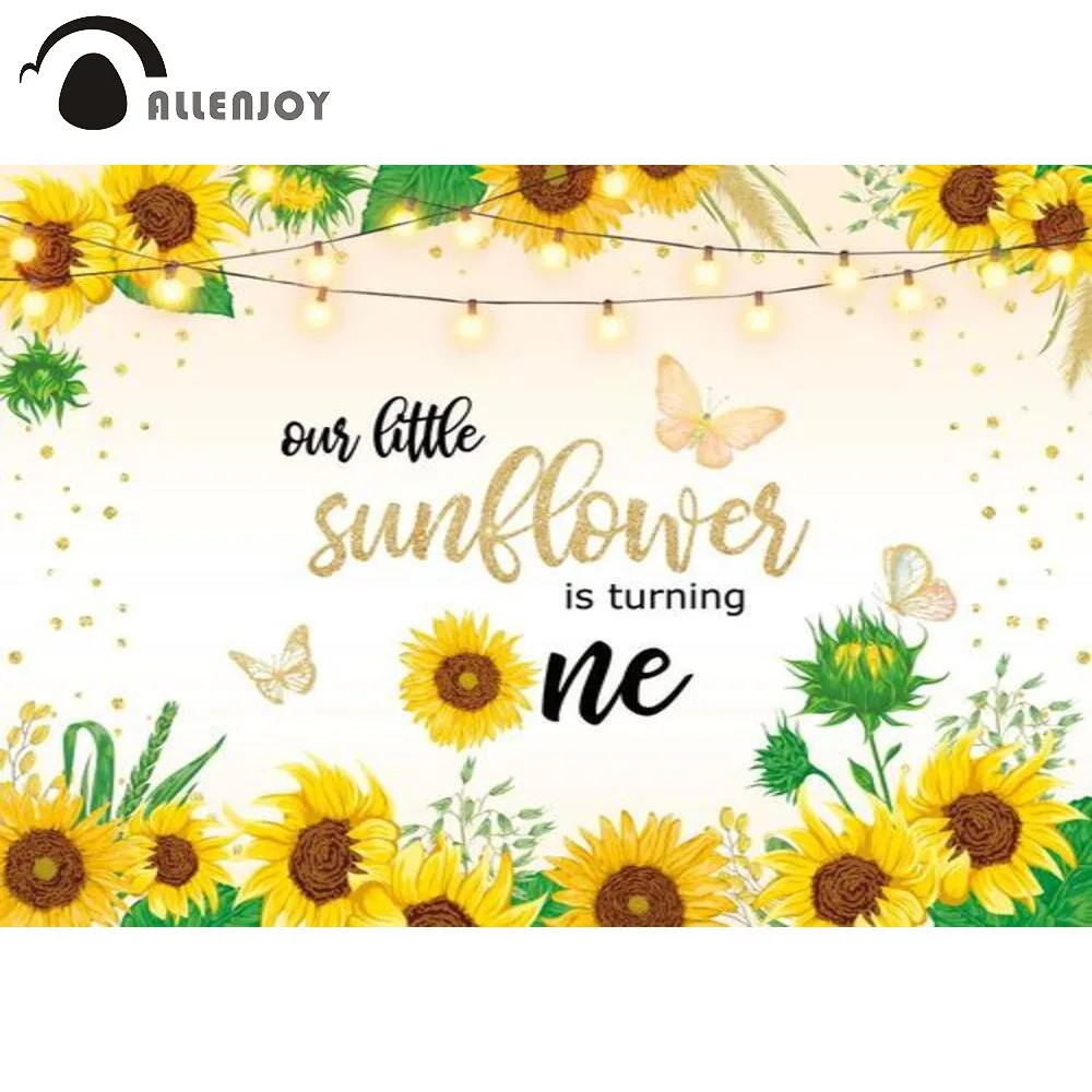 

Allenjoy 1st Birthday Party Backdrop Our Little Sunflower Is Turning One Butterflies Gold Dots Shiny Bulbs Background Photophone