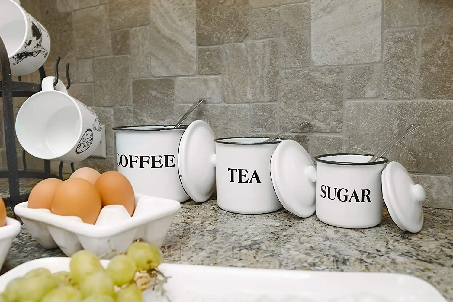 

Co-op Metal Containers with Lids, Coffee, Tea, Sugar (Set of 3 Sizes/Designs) Food Storage, White Sugar Container