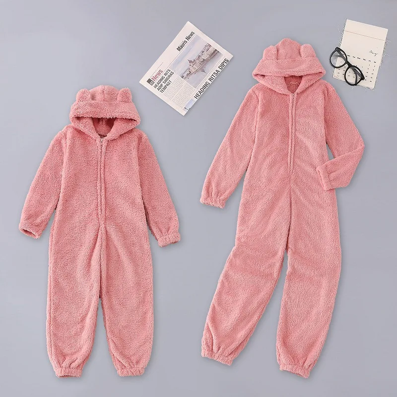 Women\'s Winter Warm Pyjamas Girls Onesies Fluffy Fleece Jumpsuits Nightwear Overall Hooded Sets Pajamas for Female Plus Size