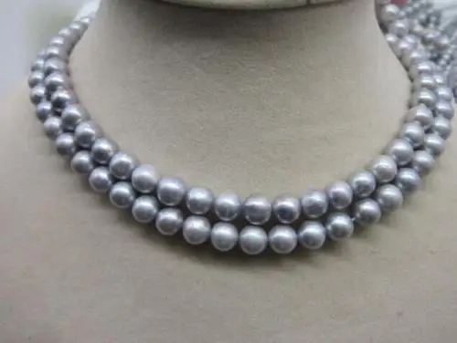 CHARMING 2 ROW GRAY SOUTH SEA AAA 8-9MM NATURAL PEARL NECKLACE 18INCH 925silver GOLD