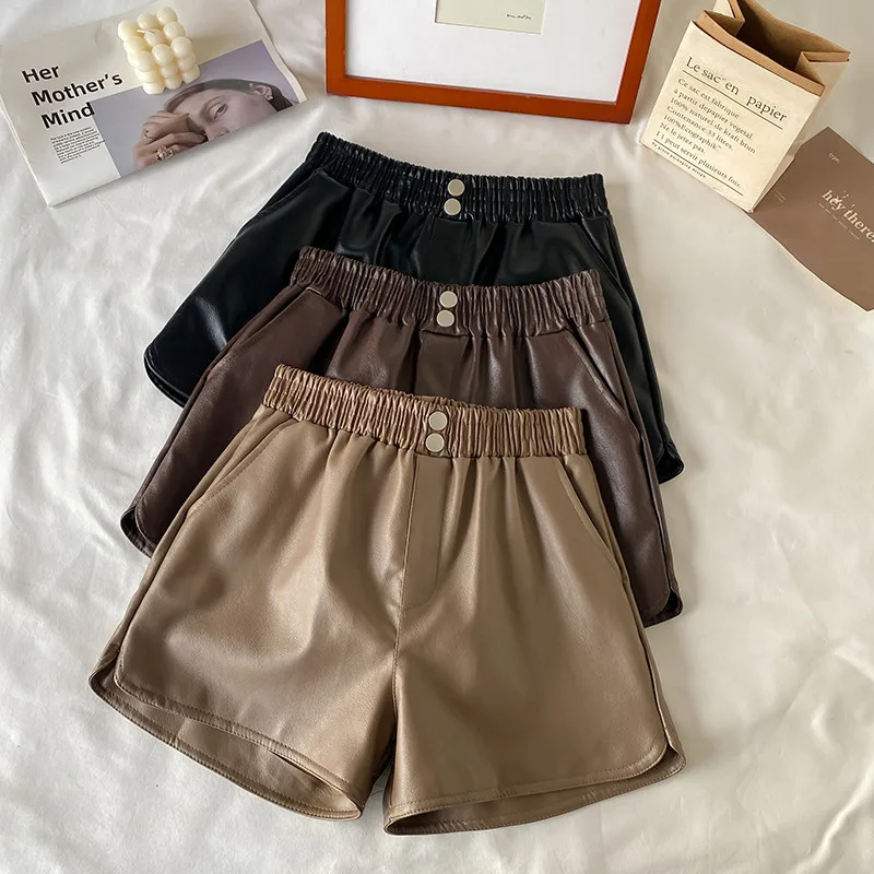 

Elastic High Waist Wide Leg Biker Shorts Spring Autumn PU Leather Shorts Women Plus Size Femme Casual Ladies Shorts Black C8011