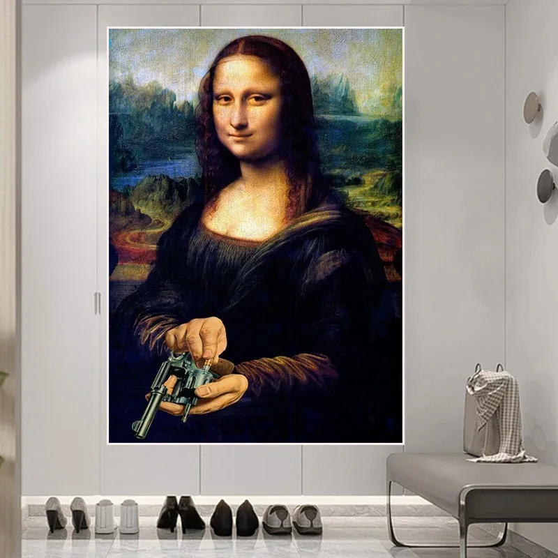 

Funny Mona Lisa and Gun Portrait Wall Art Posters Prints Figure Canvas Famous Painting Wall Pictures Room Home Cuadros Decor