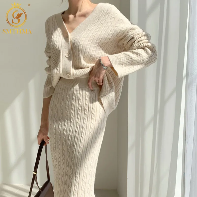 

New Autumn And Winter Casual Two Pieces Set Women Loose Single Breasted Soft Sweater Cardigan Coats +Solid Knitted Skirts Suits