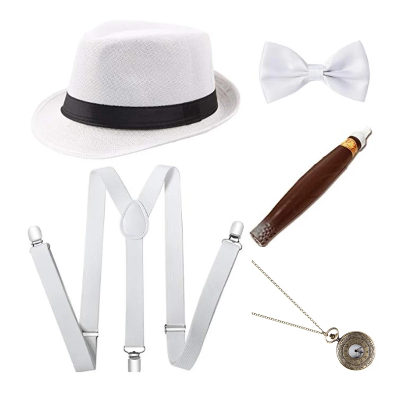 Conjunto de accesorios del gran Gatsby para hombre, traje de gángster Retro de los años 20 y 30, sombrero de corbata, negro, blanco, azul, rojo y gris, 1920