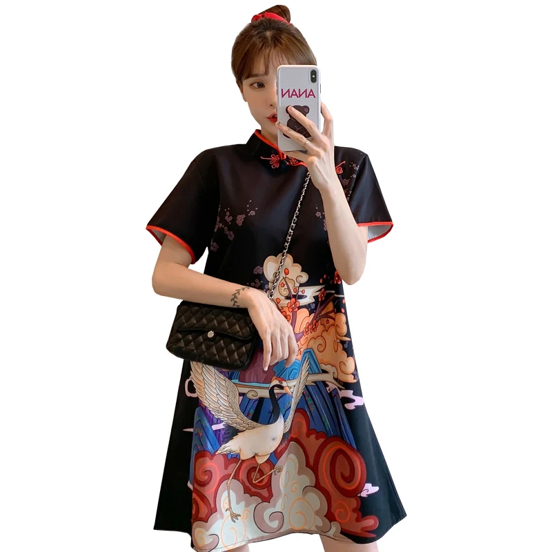 Plus Size M-4XL Fashion Modern Trend Cheongsam Dress for Women Summer Black Short Sleeve Qipao Traditional Chinese Clothing