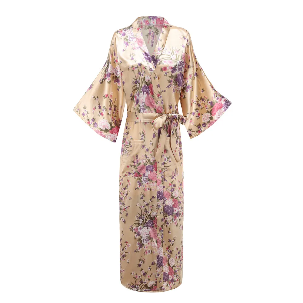 Print Flower Women Kimono Robe Lingerie Long Casual Sleepwear Bathrobe Gown Sexy Satin Home Clothes Nightwear Negligee