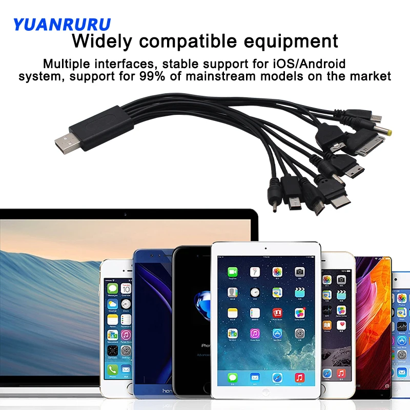 1pc 10 in 1 USB Cable Universal Portable USB Data Cable For Cell Phone Fast Charging Mobile Phone One Drag 10 USB Charging Cable