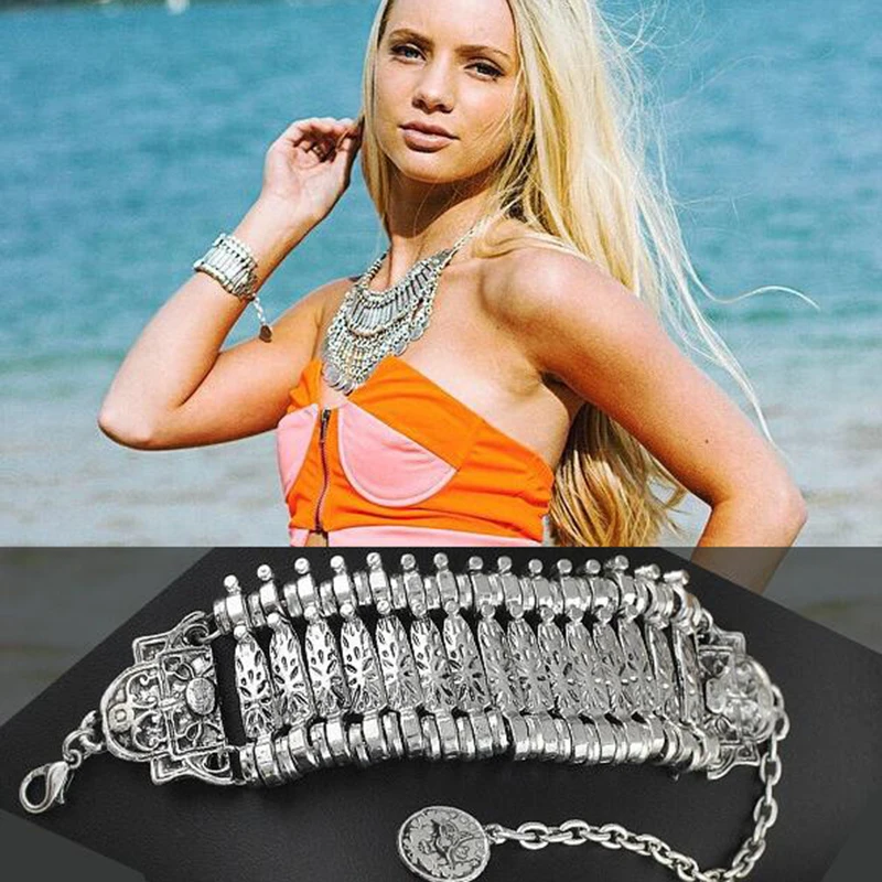 Fashion Ethnic Boho Bracelet For Women Multilayer Chain Link Gypsy Coin Vintage Statement Beach Adjustable Bohemian Bracelets