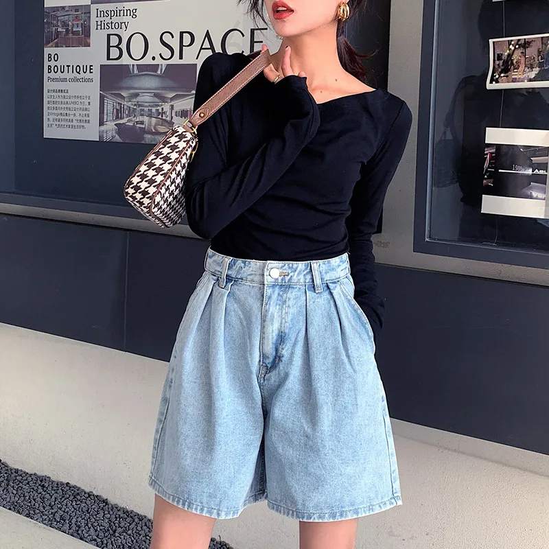 

2021Summer Shorts Women Vintage High Waist Blue Wide Leg Jeans Shorts Ladies Plus Size Women's Denim Shorts Short Femme