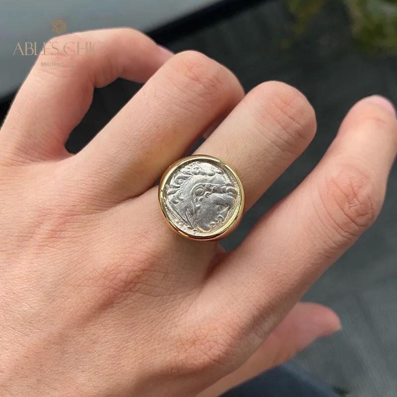 Solid 18K Gold Authentic Byzantine Ancient Heracles Silver Coin Ring Good Condition