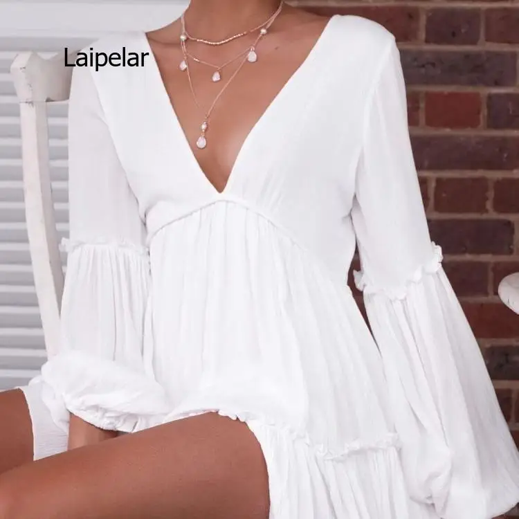 

Women Elegant Dress Lace Trim Cutout Puff Sleeve Plunge Dress V Neck Casual Dress Vacation Dress