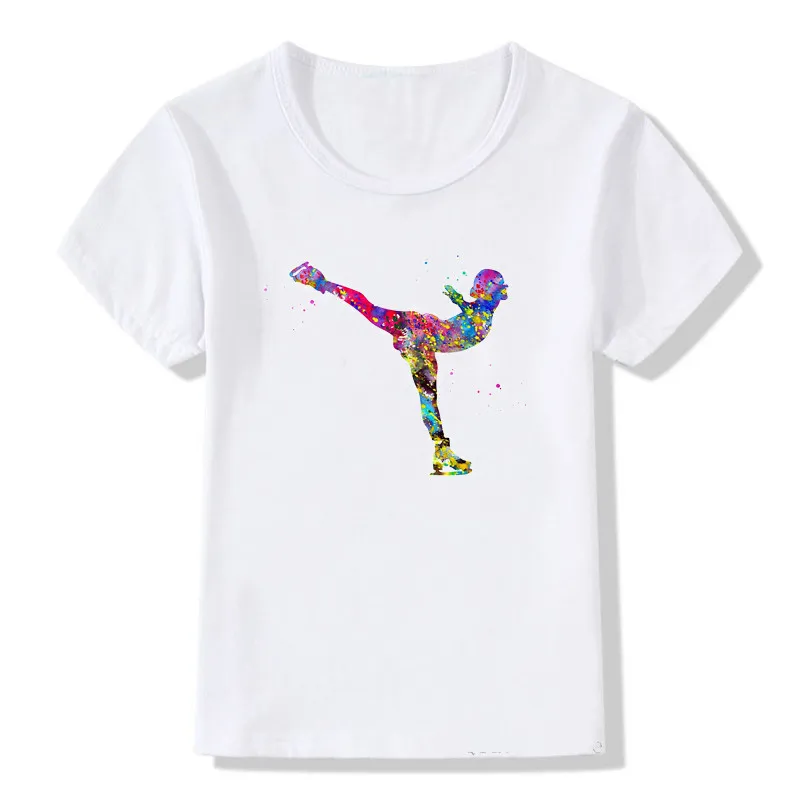 Watercolor ice skating girl print design kids t shirt cute summer tops girls clothes white DIY custom tshirt children t-shirts