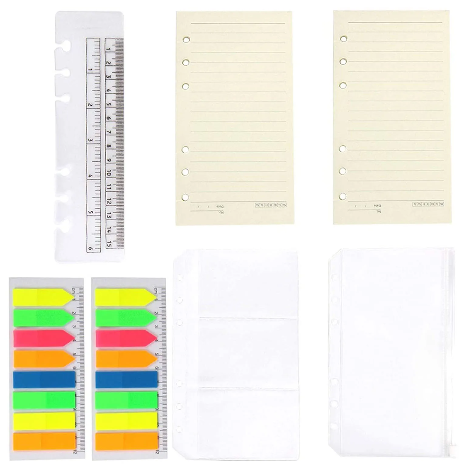 2 Pack A6 Refill Paper, 2 Pcs Binder Pockets,160 Pieces Neon Index Tabs,  Clear Ruler, Refillable Set for 6-Hole Binder Notebook