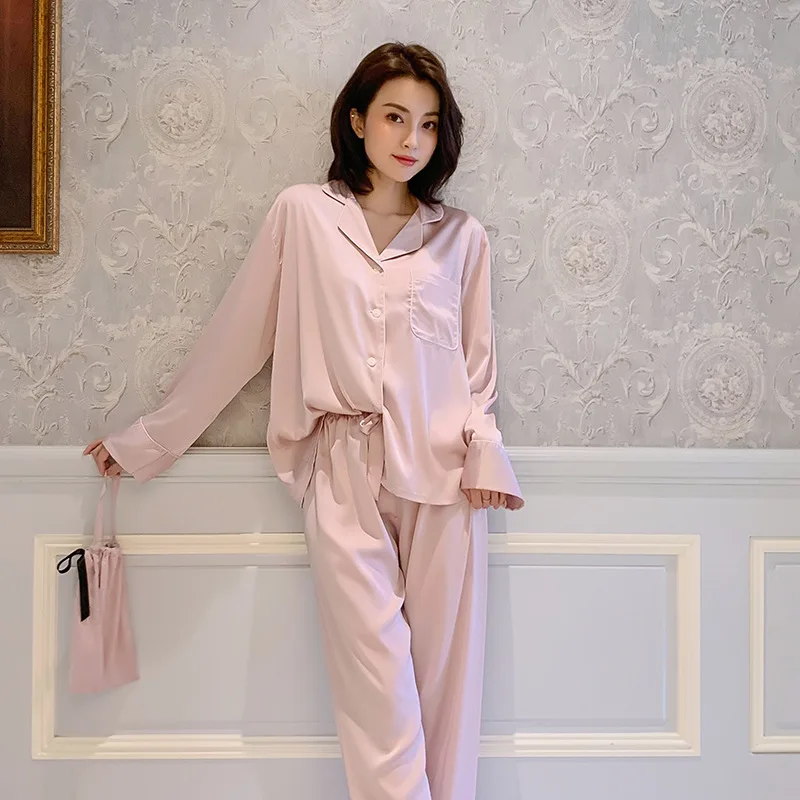 

Silky Satin Casual Fashion European American Style Simple Thin Nightshirt Ladies Pyjamas Women's Long-sleeve Home Service Suit