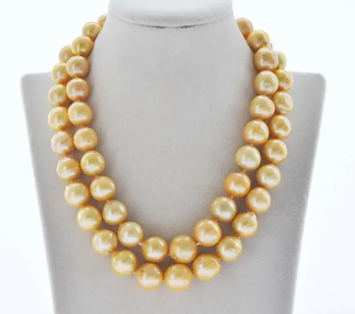 2Row  11-13mm Golden Round Edison Keshi Reborn Pearl Necklace 17