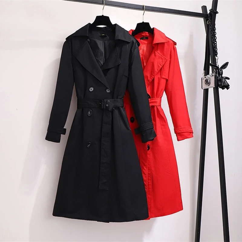 

2XL-6XL Women Windbreaker With Belt 2022 Spring Autumn Korean Loose Ladies Temperament Long Trench Coat Outwear Red Black 1722