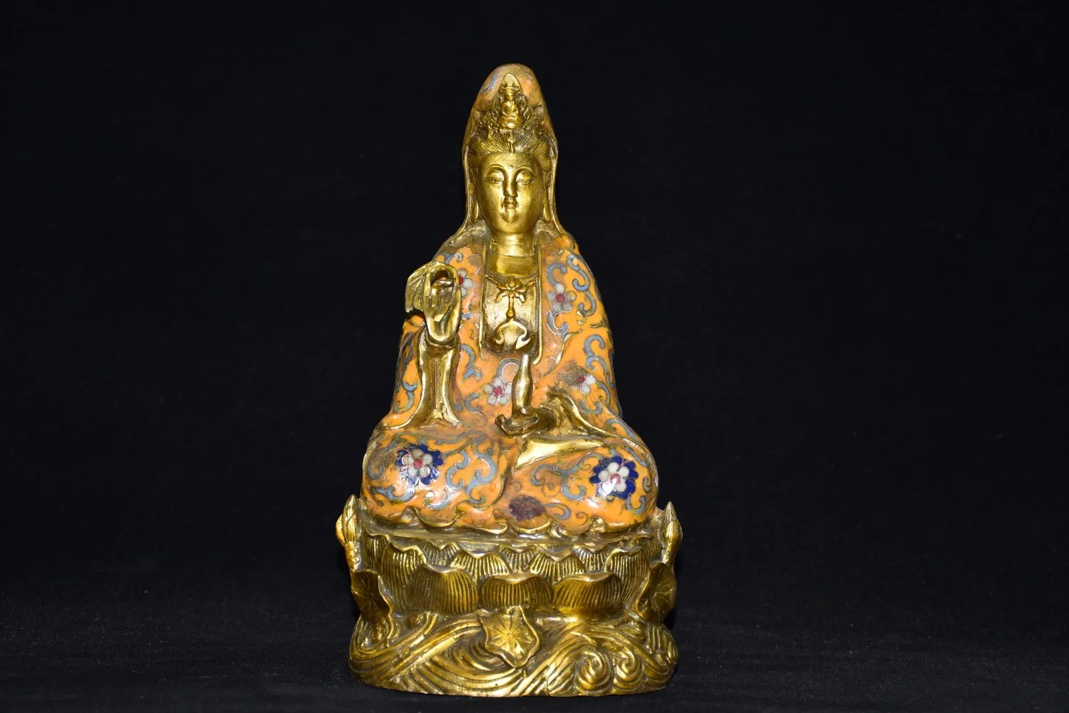 

10"Tibetan Temple Collection Old Bronze Cloisonne Enamel clean bottle Guanyin Bodhisattva lotus platform worship buddha