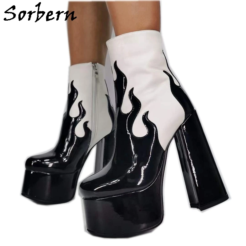 

Sorbern Black And White Flame Booties Women Block Heels Thick Platform Comfortable Winter Lady Boots Unisex Styles Side Zipper