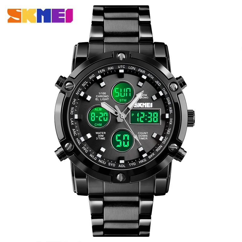 SKMEI Alloy Big Dial Men Analog Quartz Watch Luxury Brand Man Dual Display Waterproof Watches Fashion Sports Wristwatches