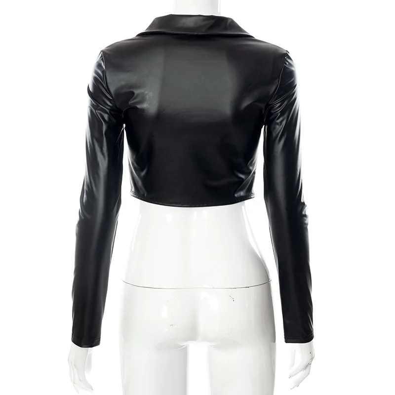 Faux Leather czarna koszula kobiety plisowana krótki Top kobieta 2021 koszula z guzikami w stylu Vintage z długim rękawem bluzka typu Slim