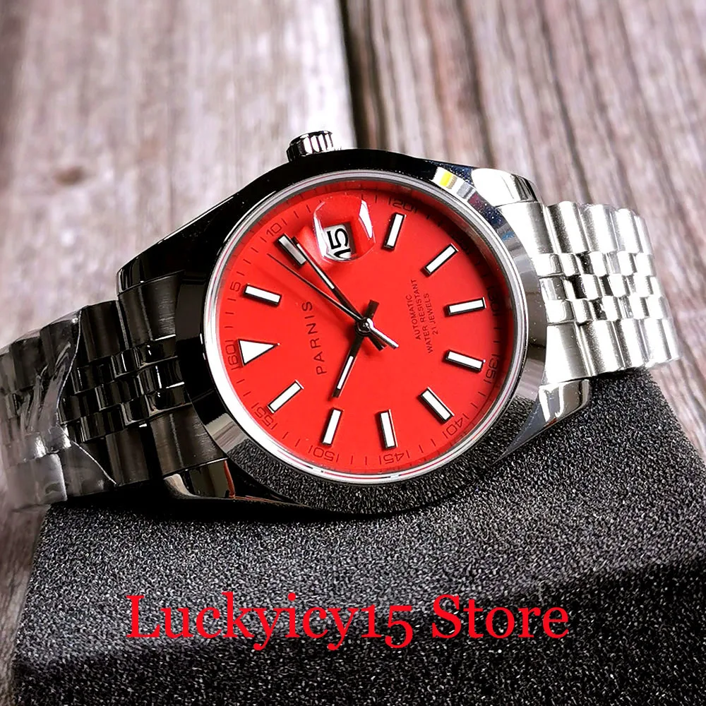 

PARNIS New Red Automatic Men Watch Sapphire Glass 21 Jewels MIYOTA 8215 Jubilee/Steel Strap Screw Crown