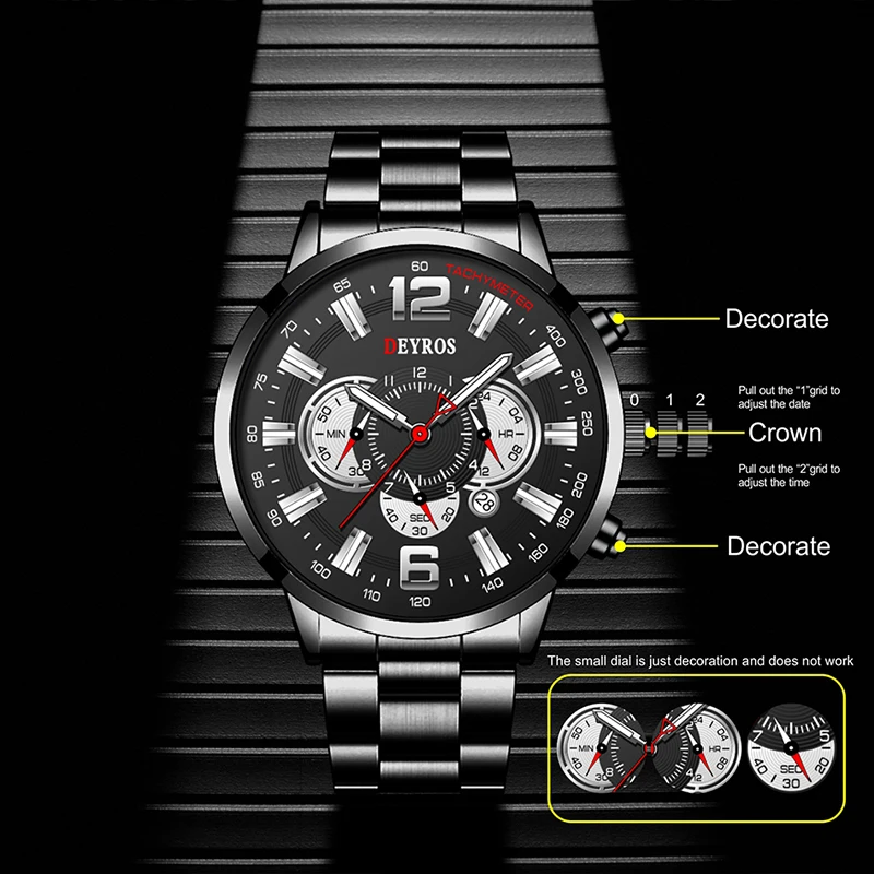 Fashion Mens Sports Watches Men Stainless Steel Quartz Wrist Watch Calendar Luminous Clock Man Business Casual Leather Watch